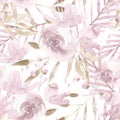 Pale pink roses and peonies with gray leaves on white background. Seamless pattern. Romantic garden flowers illustration Royalty Free Stock Photo