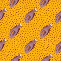 Pale purple hand drawn surgeon fish ornament seamless pattern. Yellow dotted background