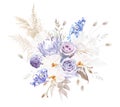 Pale purple rose, dusty mauve and lilac hyacinth, allium, white magnolia, orchid, lagurus