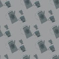 Pale seamless doodle pattern with tea ceremony ornament. Grey palette dishes print