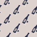 Pale seamless doodle wine elements pattern. Grey background with navy blue bottle and glass Royalty Free Stock Photo