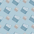 Pale seamless pattern with beige and blue clapperboards. Light blue background. Stylized cinema artwork