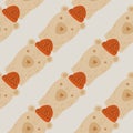 Pale seamless pattern with beige colored bear head in hats print. Lilght background. Animal backdrop Royalty Free Stock Photo