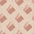 Pale seamless pattern with cinema clapperboard silhouettes. Dotted background. Dark pink palette