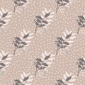 Pale seamless pattern with forest foliage bouquet. Botanic ornament on bckground with dots
