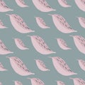 Pale seamless stylized pattern with leaves shapes. Abstract botanic figures in pink color on blue background