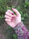 White Female Hand with Metallic Red Nail Polish