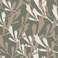 Pale spring seamless pattern with beige and grey simple leaf print. Grey dark background. Doodle style