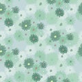 Pale spring seamless pattern with chrysanthemum shapes. Light blue background. Simple random floral backdrop