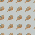 Pale tones abstract seamless pattern with brown fugu fish elements print. Pastel blue background. Creative artwork