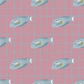 Pale tones seamless pattern with creative blue surgeon fish ornament. Pink chequered background