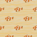 Pale tones seamless pattern with doodle clown fish elements. Striped orange background. Simple style