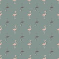 Pale tones seamless pattern with doodle flamingo bird tropic print. Blue background in pastel palette