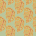 Pale tones seamless pattern with orange monstera foliage shapes. Tropic foliage print. Grey background