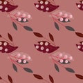 Pale tones seamless pattern with rowan berries and leaves ornament. Pink background. Scrapbook backdrop