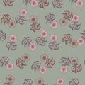 Pale tones vintage seamless pattern with random sunflower elements. Pastel green background. Pink flowers