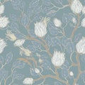 Pale turquoise seamless vintage hand drawn floral pattern