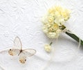 Pale yellow flowers with butterfly on embossed background