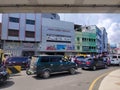 Traffic jams on the streets of Palembang city with miscellaneous of building backgrounds