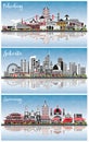 Palembang, Semarang and Jakarta Indonesia City Skylines with Gray Buildings, Blue Sky and Reflections