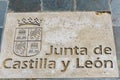 Palencia, Spain - August 21, 2021. Stone sign of Junta de Castilla y LeÃÂ³n, Pslencia, Spain