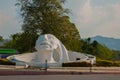 Palenque, Chiapas, Mexico. White head sculpture on the street. Huge monument located near the bus station in the city.