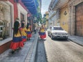 Palenqueras caminando en una calle de Cartagena de Indias. Colombia Royalty Free Stock Photo