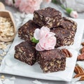 Paleo chocolate energy bars with rolled oats, pecan nuts, dates, chia seeds and coconut flakes, square Royalty Free Stock Photo