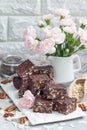 Paleo chocolate energy bars with rolled oats, pecan nuts, dates, chia seeds and coconut flakes Royalty Free Stock Photo