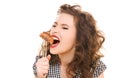 Paleo diet concept - woman eating meat