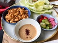 Paleo Diet Food Chicken Pieces with Hoisin Sauce and Cucumber Salad and Wrapped with Lettuce / Chicken Wranch Wraps. Royalty Free Stock Photo