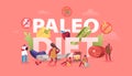 Paleo Diet Healthy Eating Concept. Cave People and Doctor Nutritionist Walking around of Products Seafood Meat