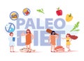 Paleo Diet Healthy Eating Concept. Cave People and Doctor Nutritionist Walking around of Products Seafood, Meat, Water