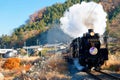 The Paleo Express hauled by a steam locomotive travels on Seibu Chichibu Railway thru the idyllic countryside with fall colors