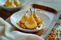 Paleo style dessert poached pear dessert pashot. Pear caramelized in syrup on a wooden plate