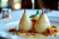 Paleo style dessert poached pear dessert pashot. Pear caramelized in syrup on a wooden plate