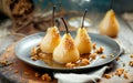 Paleo style dessert poached pear dessert pashot. Pear caramelized in syrup on a wooden plate