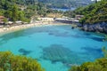 PALEOKASTRITSA, CORFU, GREECE - JULY 3, 2017: Beach Paleokastritsa with unknown tuorists.