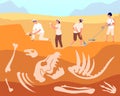 Paleontologist. Archeologist discovery, reptile fossil research. Woman shoveling, ancient dinosaur bones in ground utter