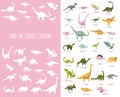 Paleontology for kids.Hand drawn cute dinosaurs.Find the correct shadow. Educational matching game.Childish mini board game