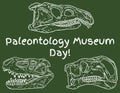 Paleontology museum day. Dinosaur day in school. Preschool paleontology day. Carnivorous and herbivorous fossils drawn on green