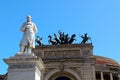 Palermo, Italy, September 07, 2019 - Politeama Theater in the city center with a statue dedicated to Ruggiero Settimo in the foreg