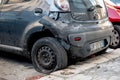 The damaged rear part of Citroen C1 car waiting to be fixed at a service centre