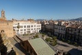 Wide angle shot of the town square below the roof of Palermo Cathedral with Liceo Classico Vittorio Emanuele II university in the Royalty Free Stock Photo