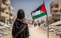 A palestenian orphan with no face standing with Palestine flag in bombarding town