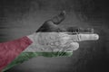 Palestine flag painted on male hand like a gun