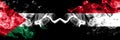 Palestine vs Yemen, Yemeni smoky mystic flags placed side by side. Thick colored silky smokes flag of Palestinians and Yemen,