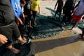 Palestinian fishermen gather their nets at the beach