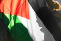 Palestinian flag in backlight with the silhouette of the protester's face during the protest march Royalty Free Stock Photo