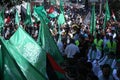 Palestinian Hamas supporters take part protest against Israel`s plan to annex parts of the occupied West Bank, in Khan Yunis in th